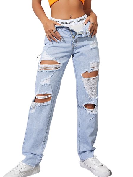 

ripped cut out straight leg jeans m8iu#, Blue