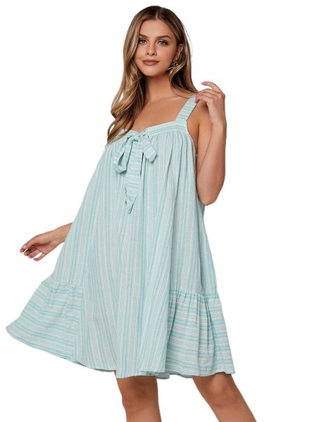 

striped tie front ruffle hem cami dress g9xt#, Black;gray