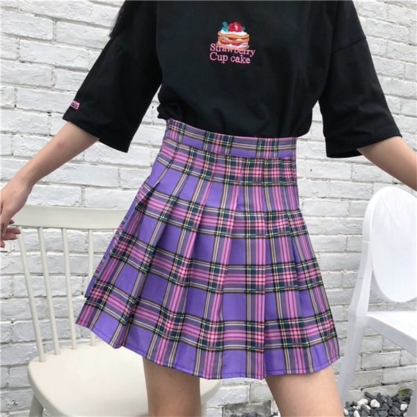 S 2xl Новые школьные юбки Harajuku Purple Plaid Высокая талия плиссированная юбка Женская милая мини -юбка для женщин