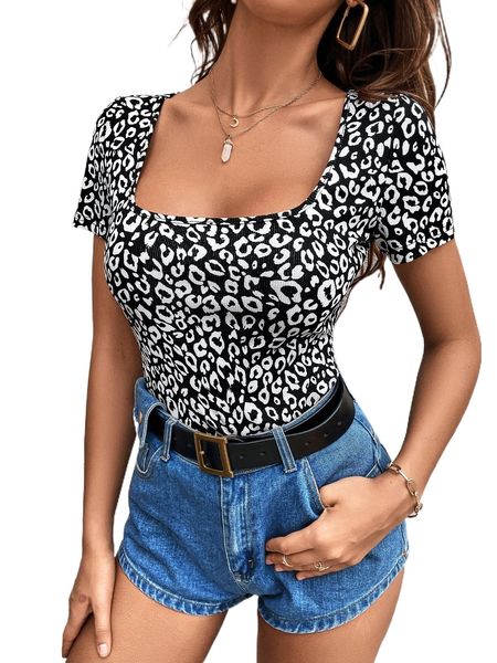 

leopard print square neck tee c3fa#, White