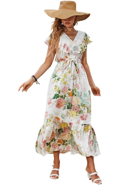 

floral print contrast lace ruffle hem belted dress l6fn#, Black;gray