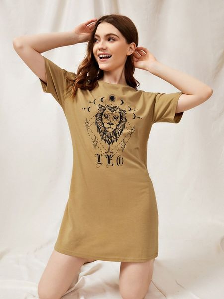 

leo constellation print night dress u3e3#, Black;red