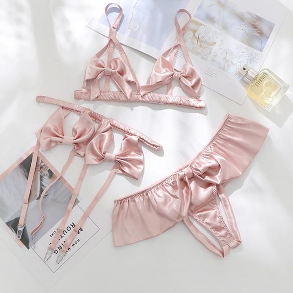 

bras sets three set bra underwear crotchless lingerie pieces open bow knot panties garter beltes satin women intimates, Red;black