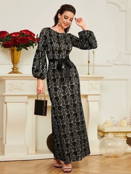 

lantern sleeve belted maxi lace prom dress o4wu#, Black;gray