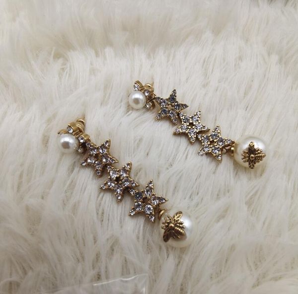 

fashion designer bees earring stud classic sided pearl dangle earrings long chain for women lady bride party wedding lovers gift engagement, Golden;silver