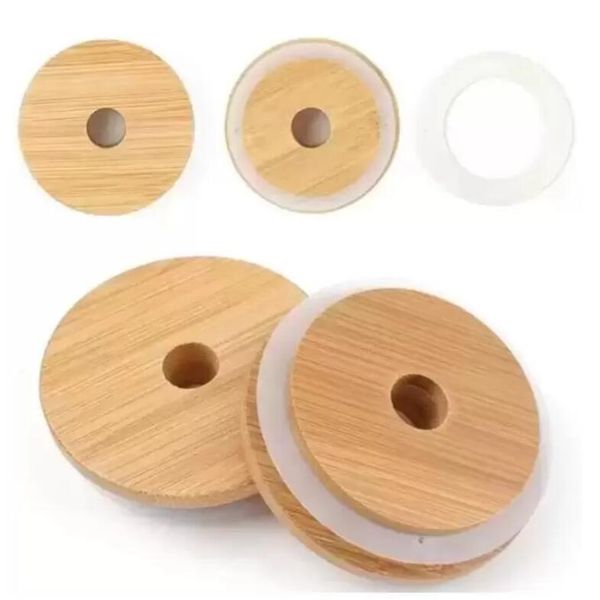 UPS Bamboo Cap Coperchi 70mm 88mm Riutilizzabili in legno Mason Jar Coperchio con foro per cannuccia e guarnizione in silicone Consegna veloce gratuita