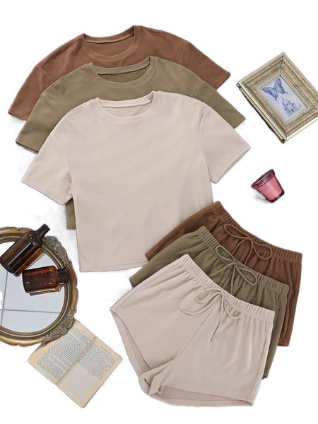 

3sets solid tee & tie front shorts lounge set p9vm#, Black;red
