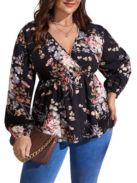 

plus floral print overlap collar peplum blouse t4mt#, Black