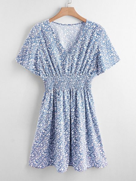 

shirred waist ditsy floral dress j3t9#, Black;gray