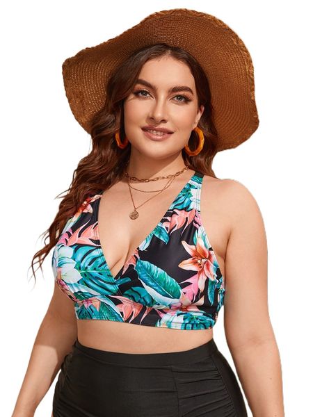 

plus tropical print strappy back bikini e05j#, Black