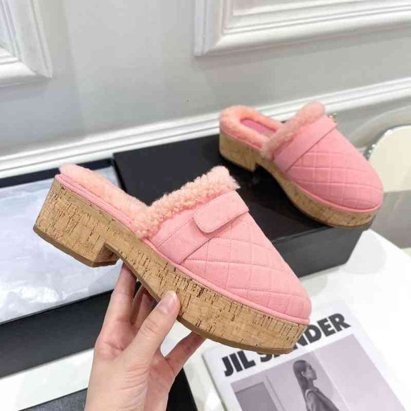 

square slippers women's heel round head mule outdoor slippers winter shoes, Black