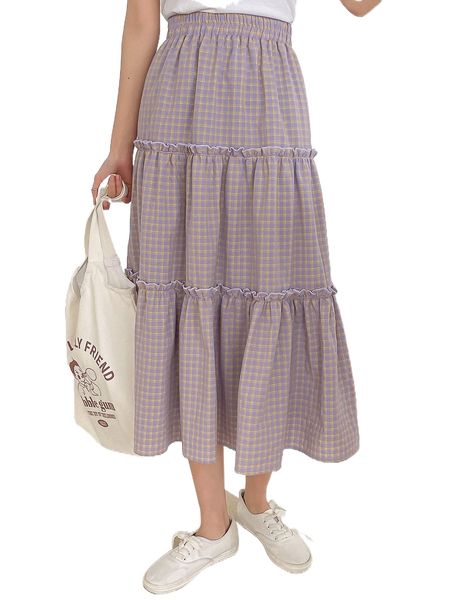 

dazy plaid layered frill trim ruffle hem skirt p6vk#, Black