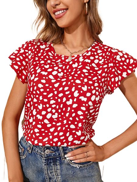 

dalmatian print flutter sleeve blouse b0w3#, White