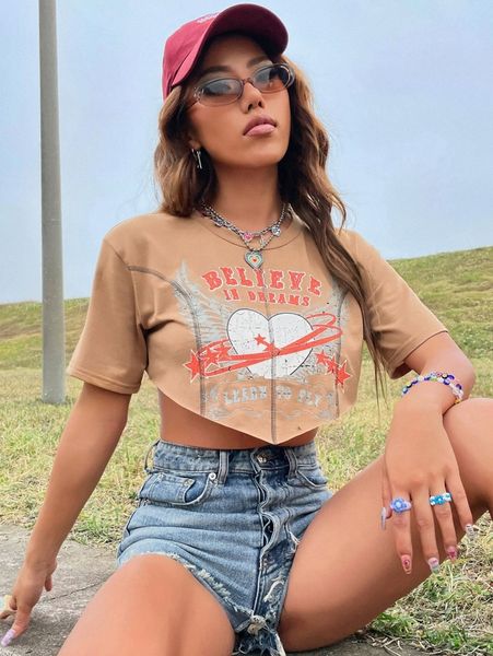 

letter & star print stitching bandana hem crop tee x8ok#, White