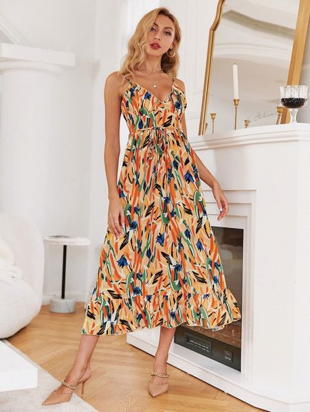 

simplee ruffle hem belted floral cami dress b38a#, Black;gray