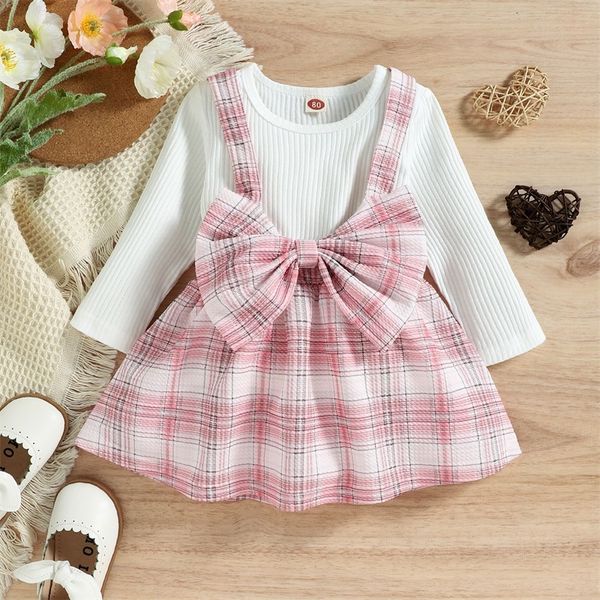 2 pezzi Set di abbigliamento per neonate Plaid Bowknot Splicing Bianco a maniche lunghe Rosa a quadretti Pagliaccetto per bambini Set di abiti 1063 E3