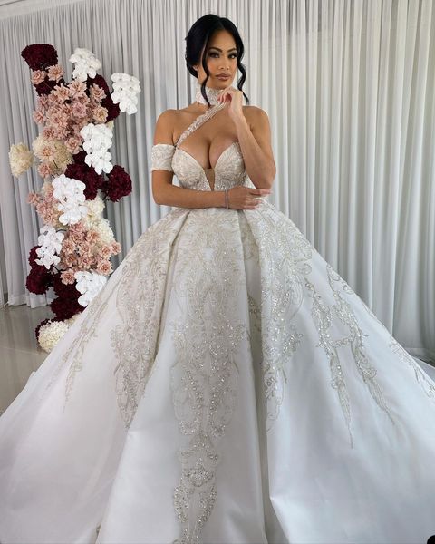 

modest ball gown wedding dress puffy bling sequins appliques high neck bridal gowns custom dubai bride dresses, White