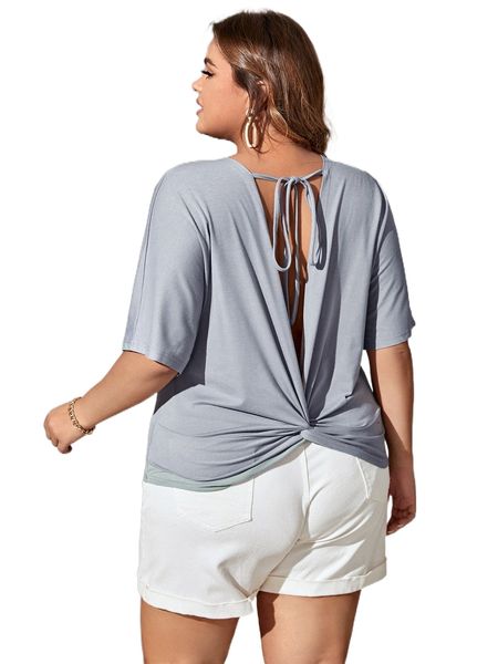 

plus tie back twist batwing sleeve tee 52t2#, Black