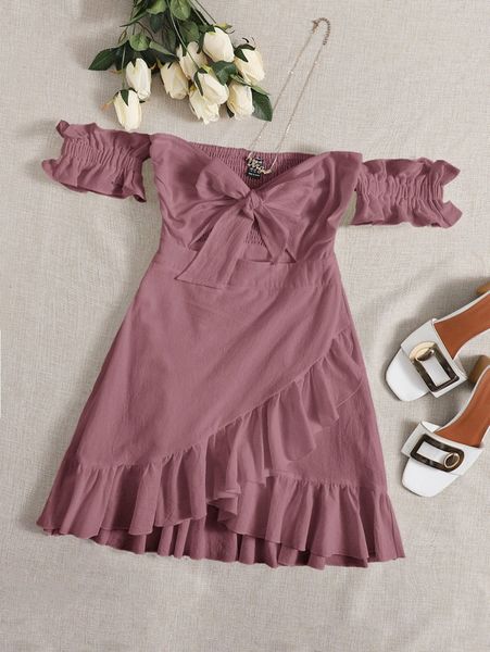 

plus off shoulder knot front ruffle trim dress f2pa#, Black