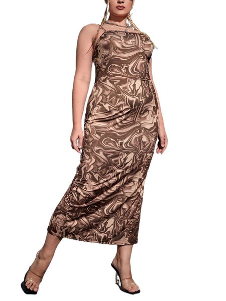 

plus marble print slit back cami dress 68dt#, Black