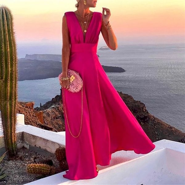 

women elegant solid color v neck party dress backless ladies sleeveless beach vintage female summer vestido 3xl 220526, Black;gray