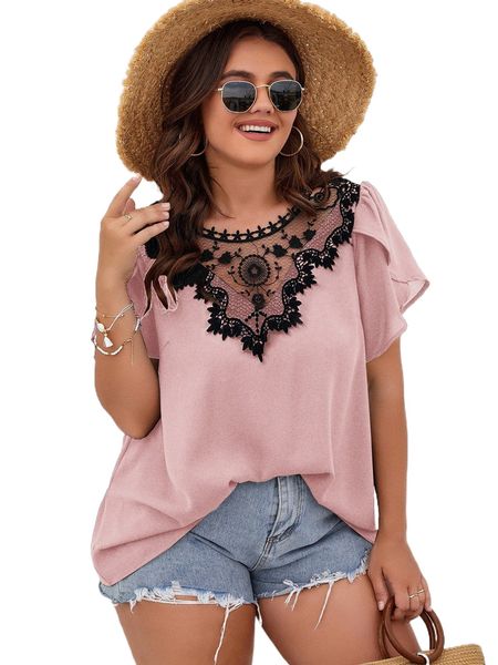 

plus contrast lace petal sleeve blouse y0st#, Black