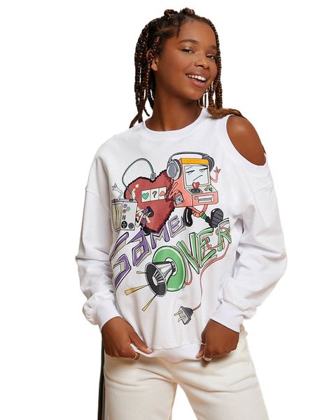 

x penelope ping cartoon and letter graphic cut out shoulder pullover s4hy#, Black