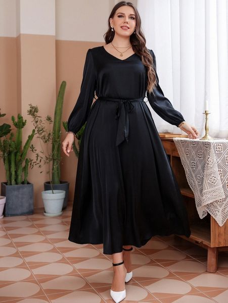 

plus v neck puff sleeve belted satin dress 15xn#, Black