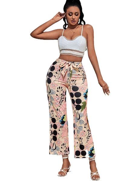 

polka dot & floral print knot front flare leg pants k5yp#, Black;white