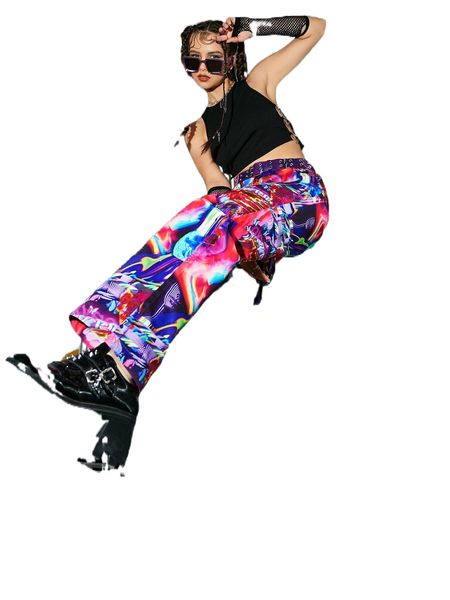 

skeleton graphic straight leg pants without belt f75b#, Black;white