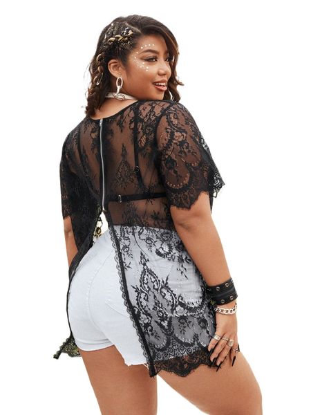 

plus eyelash lace zip back blouse without bra j8ea#, Black