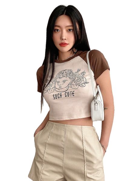 

dazy figure & letter graphic two tone raglan sleeve tee z0br#, White
