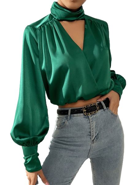 

cut out mock neck bishop sleeve crop blouse d3n7#, White