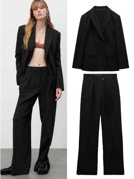 

2022 spring new women allmatch lapels long sleeves doublebreasted slimfit casual blazer and high waist suit wide pants j220813, White;black