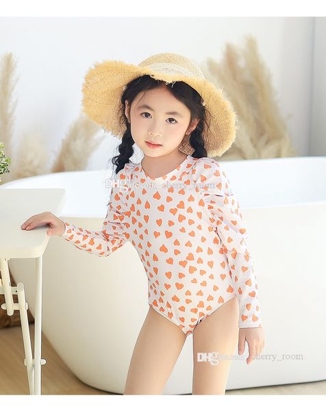 2022 Meninas Bebê Princesa One-Peça Swimsuit Moda Crianças Amor Coração Printedl Big Bubble Sleeve Adorável Swimwear Primavera Crianças Spa Ternos de Banho S2108