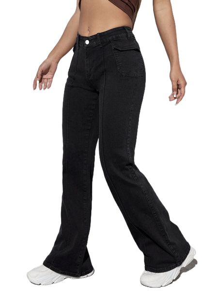 

seam detail flap pocket flare leg jeans t1tv#, Blue