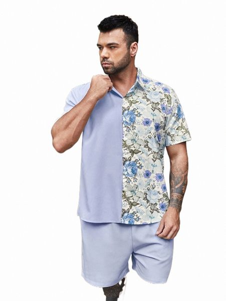 

extended sizes men color block floral print shirt & shorts m1zn#, Gray
