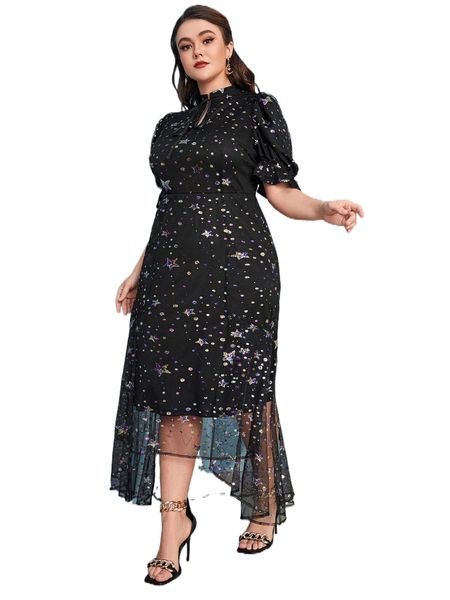 

plus tie neck sequin star mesh overlay dress c0xr#, Black