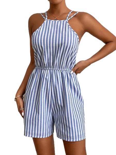 

striped print double strap romper k6iq#, Black;white
