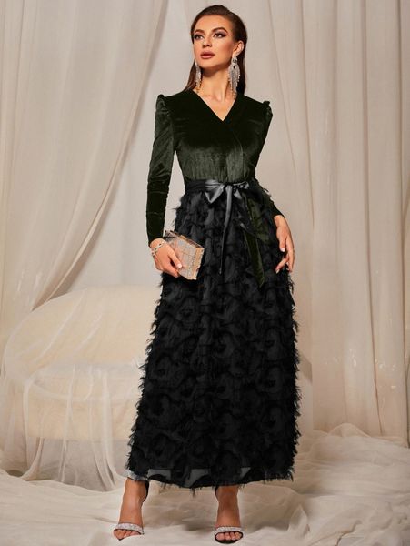 

velvet belted fuzzy a-line dress 10jo#, Black;gray