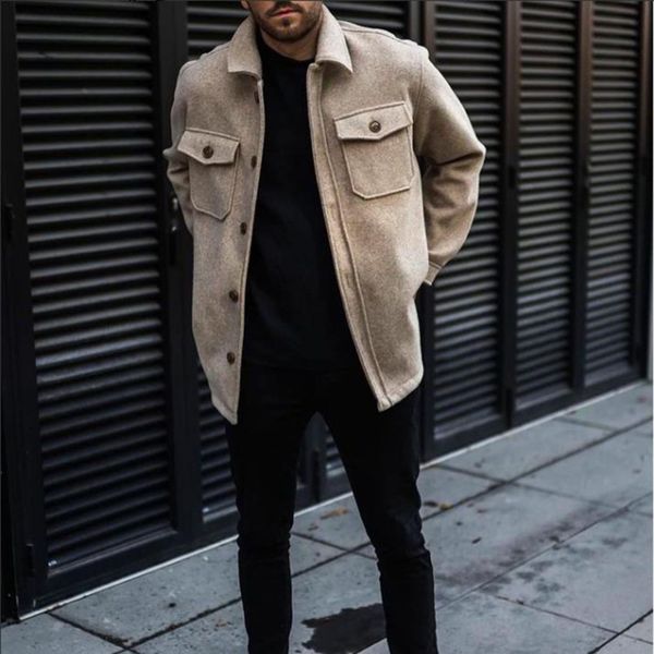 

autumn men jackets fashion solid long sleeve buttoned turn-down collar coats casual mens clothes outerwear male streetwear, Black;brown