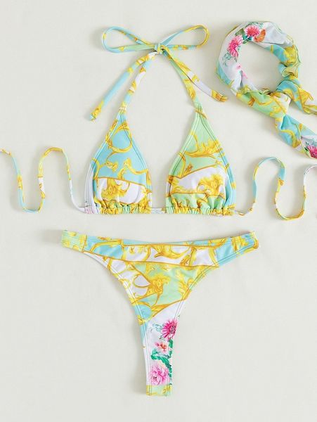 

3pack floral print micro triangle thong bikini swimsuit j5rd#, White;black