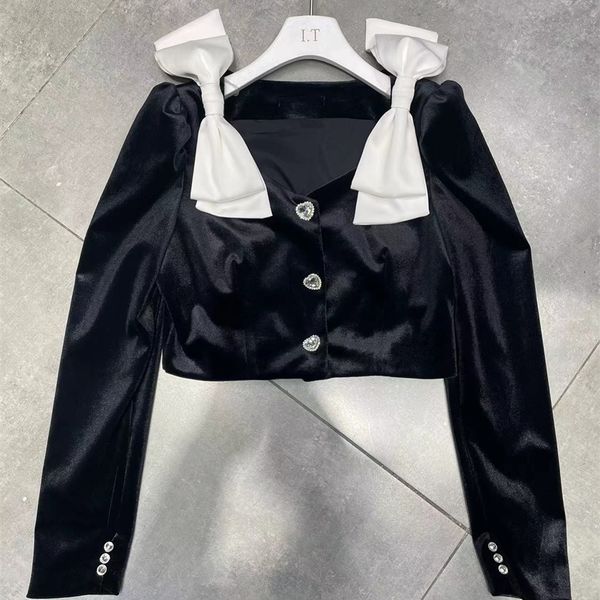 

warehouse clothing spring new bow temperament v-neck female design sense minority short cardigan golden velvet coat outlet_axpu, White;black