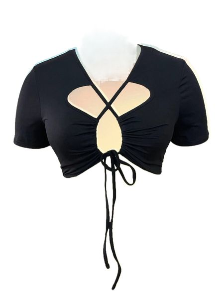 

plus crisscross knot front cut out crop tee p8fr#, Black