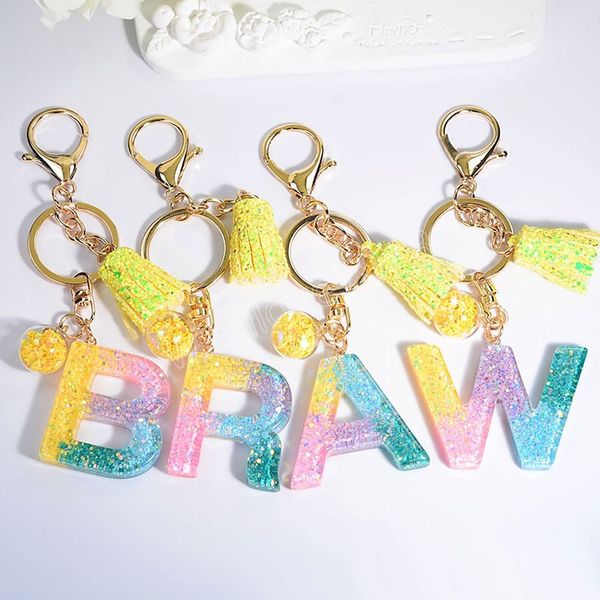 

colorful a-z letters pendant key rings with yellow glitter tassel women english keychian, Slivery;golden