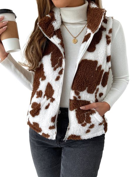 

cow print teddy vest jacket 79vq#, Black;brown