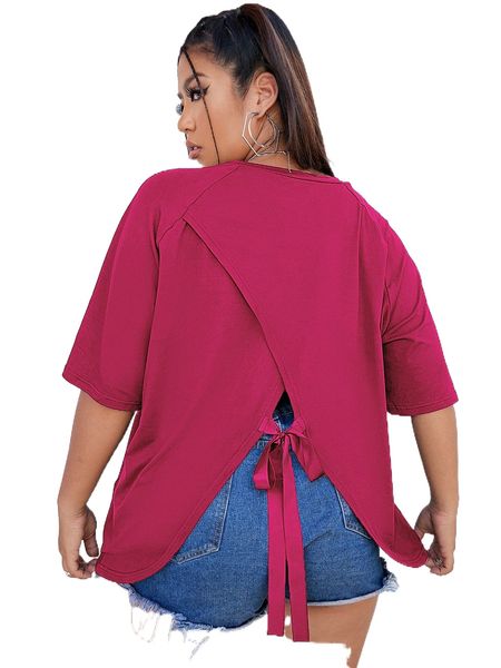 

plus raglan sleeve wrap tie back tee 82yl#, Black