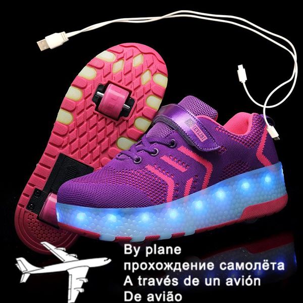 Atletici all'aperto per bambini Due ruote Luminose Sneakers luminose Nero Rosa Led Light Scarpe da skate Roller Bambini Ragazzi Ragazze Ricarica USBAthleti