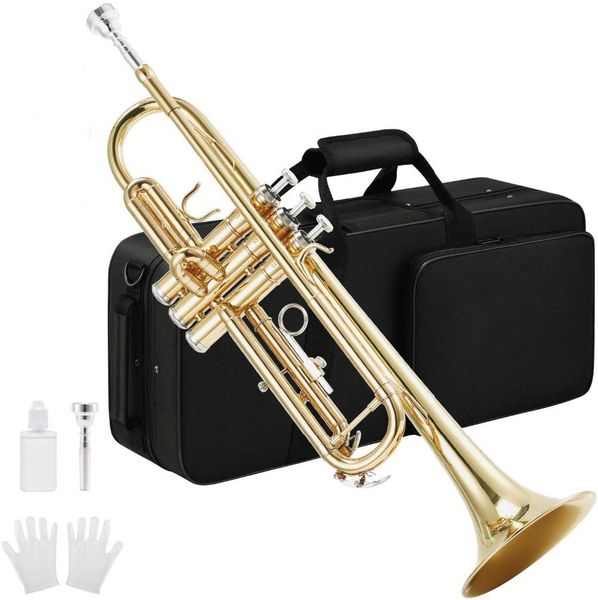 

aisiweier gold trumpet brass atr-380 standard bb trumpet set for student beginner with hard case,gloves, 7 c mouthpiece