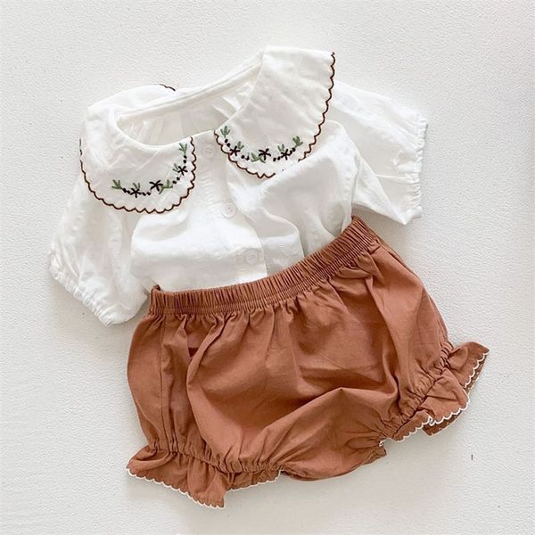 

summer baby girls short sleeve suit clothes embroider t-shirt + shorts clothing set toddler 220507, White